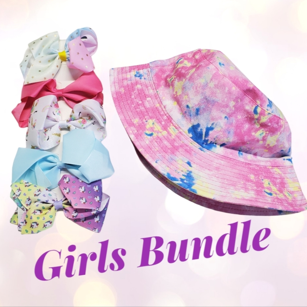 NWOT Girls Bundle Tye Dye Bucket Hat & Hair Bows 5 Pack